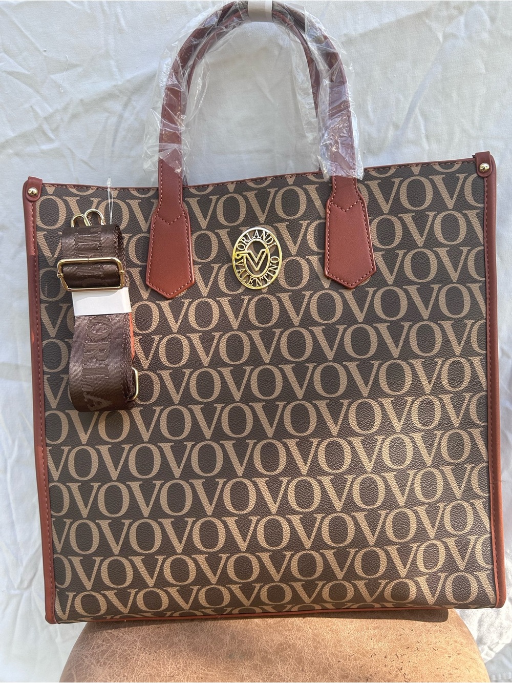 Badgley Mischka Brown Monogram Tote with Tan Trim